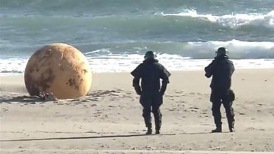 كرة حديدية غامضة على شاطئ في اليابان